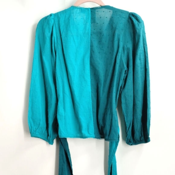 Farm Rio Anthropologie Color Block Teal Swiss Dot Wrap‎ Blouse - Picture 9 of 16